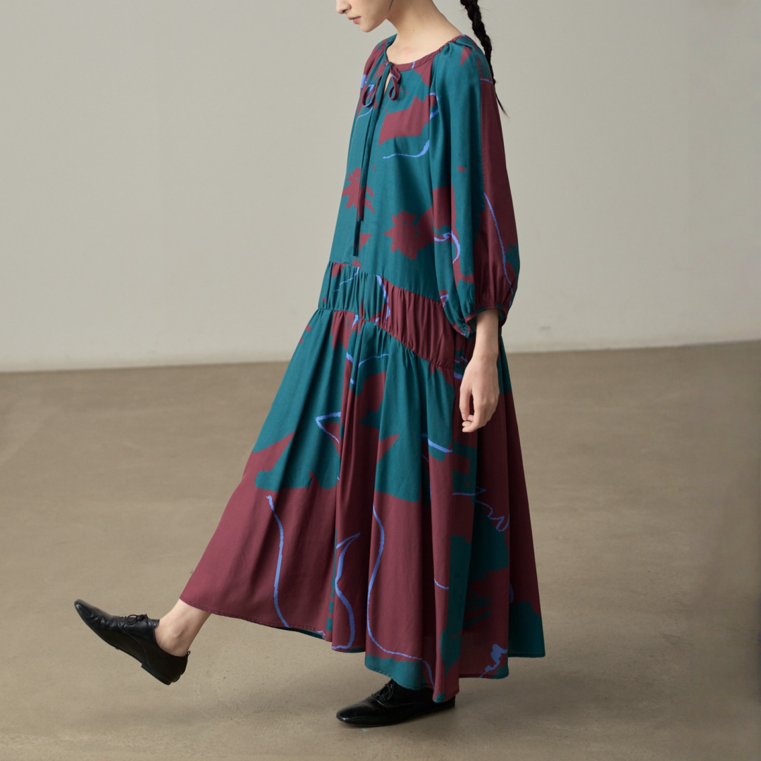 【ワンピース】春 秋 夏 レトロ ラウンドネック 花柄 長袖 ワンピース【SHシリーズ】