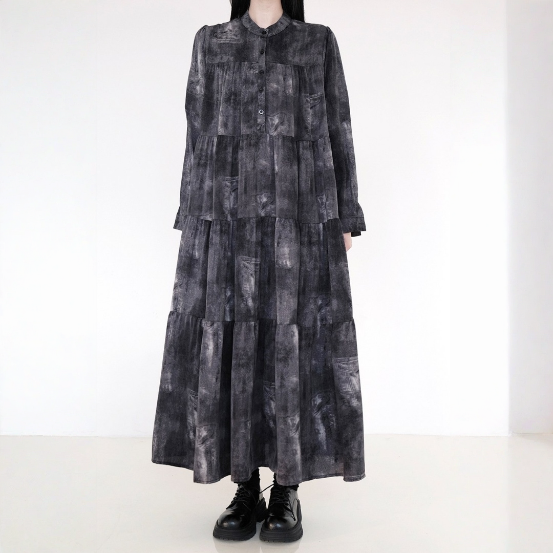【ワンピース】タイダイ 体型カバー ダーク系 シワになりにくい 長袖 ワンピース 【AHシリーズ】