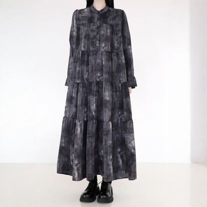 【ワンピース】タイダイ 体型カバー ダーク系 シワになりにくい 長袖 ワンピース 【AHシリーズ】