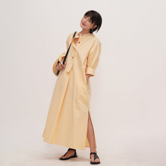 【ワンピース】韓国風 半袖 イエローシャツワンピース レディース 襟付き ウエストリボン スリット入り ロング丈【JZシリーズ】