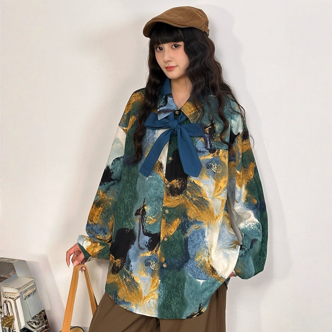 【トップス】カラフル油絵プリント アート感のある 長袖 シャツ 【FCシリーズ】