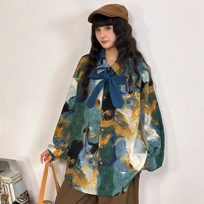 【トップス】カラフル油絵プリント アート感のある 長袖 シャツ 【FCシリーズ】