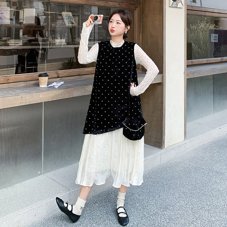 2点セット【セットアップ】フレンチ 高級感 ドット柄  セットアップ 2026春新作 レース切替 キャミワンピース＆インナーレディース【SHシリーズ】