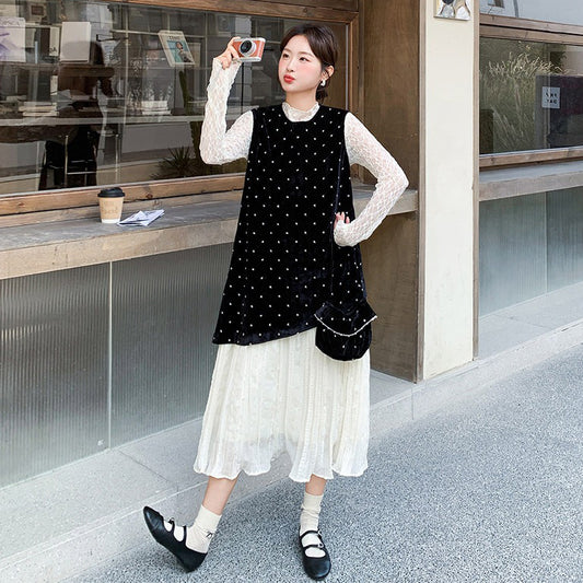 2点セット【セットアップ】フレンチ 高級感 ドット柄  セットアップ 2026春新作 レース切替 キャミワンピース＆インナーレディース【SHシリーズ】