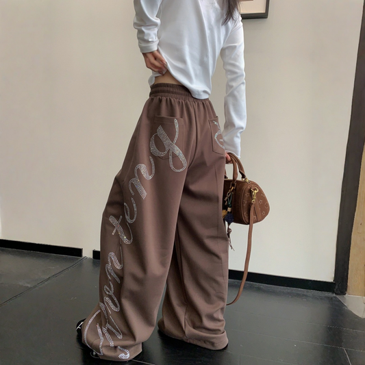 【ボトムス】ラインストーン装飾 レトロ 着回しやすい ワイドパンツ 【FCシリーズ】