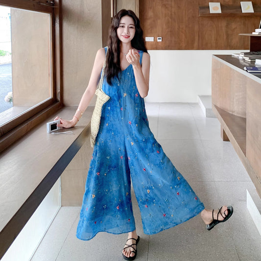 【ボトムス】夏新作 ゆったりシルエット 体型カバー ブルー立体花刺繍 シフォンオールインワン【SHシリーズ】