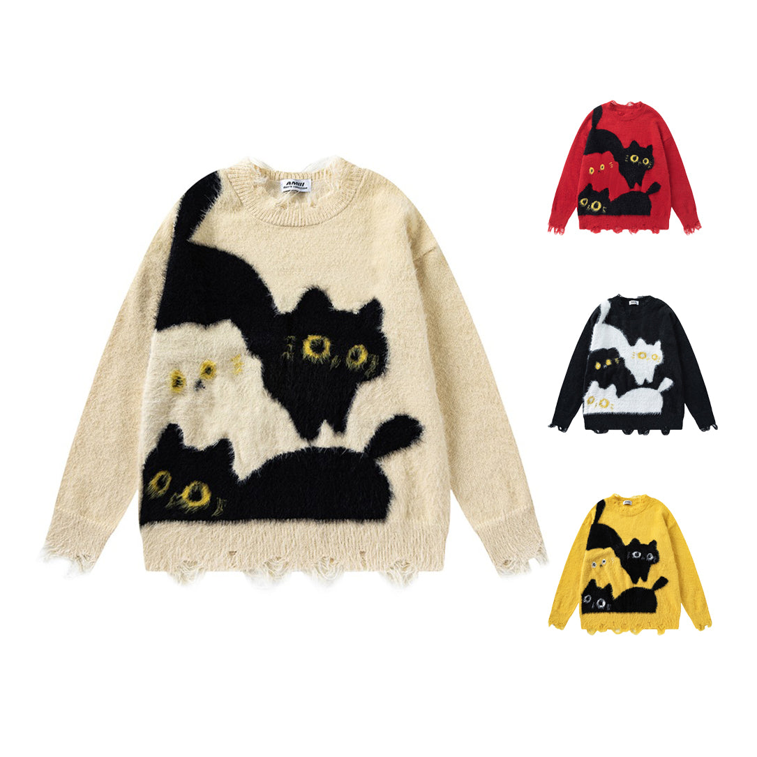 【トップス】秋冬 ねこ柄 破れ風 ダメージニット レトロ かわいい ゆったり 男女兼用 セーター【FCシリーズ】
