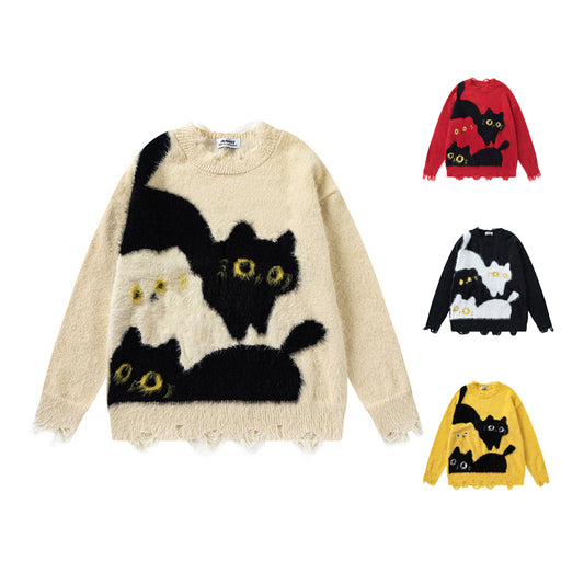 【トップス】秋冬 ねこ柄 破れ風 ダメージニット レトロ かわいい ゆったり 男女兼用 セーター【FCシリーズ】