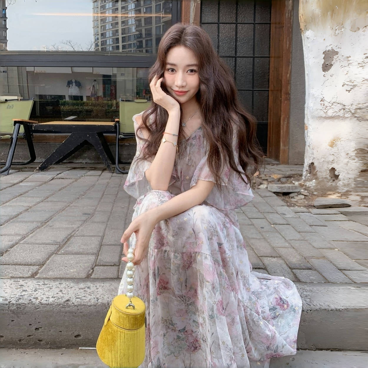 【ワンピース】フレンチ オフショルダー フリルスリーブ 花柄ワンピース 夏 高見え ロングドレス【SHシリーズ】