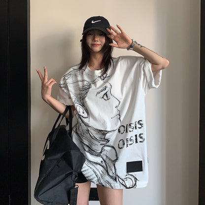 【トップス】ヴィンテージ風 スケッチプリントTシャツ レディース 夏 ルーズフィット 半袖【FCシリーズ】