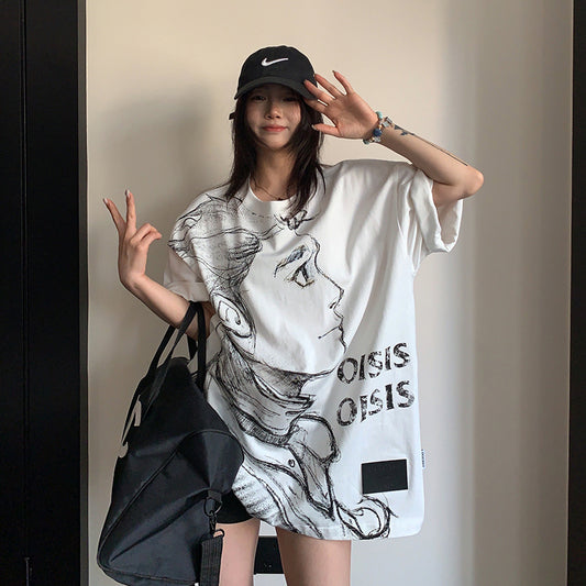 【トップス】ヴィンテージ風 スケッチプリントTシャツ レディース 夏 ルーズフィット 半袖【FCシリーズ】