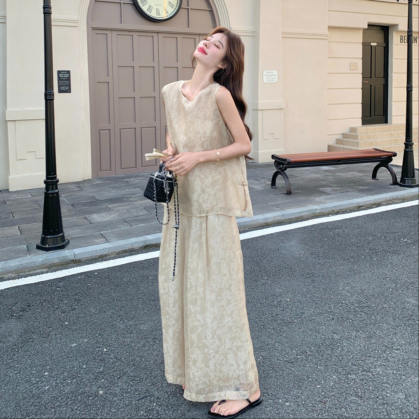 2点セット！【セットアップ】オールドマネー風 レース切替 夏 ベスト+ワイドパンツ 上下セット 上品 高級感【JZシリーズ】