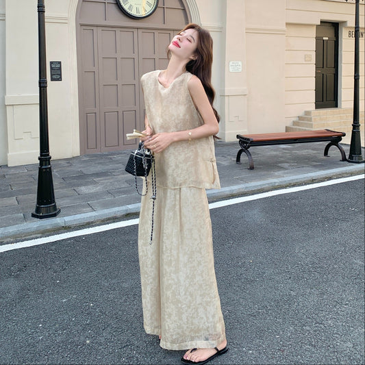 2点セット！【セットアップ】オールドマネー風 レース切替 夏 ベスト+ワイドパンツ 上下セット 上品 高級感【JZシリーズ】