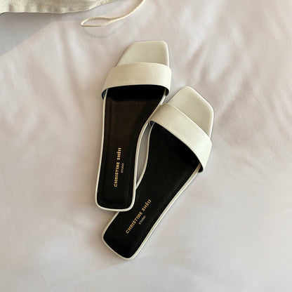 【シューズ】上品見え スクエアトゥ フラットミニマルストラップサンダル レディース 夏用 外履き