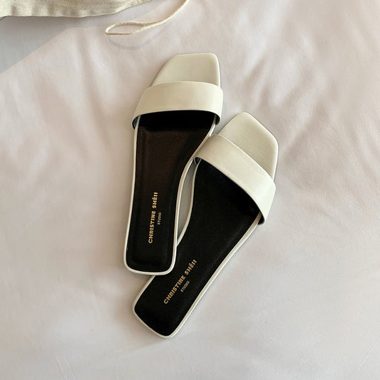 【シューズ】上品見え スクエアトゥ フラットミニマルストラップサンダル レディース 夏用 外履き