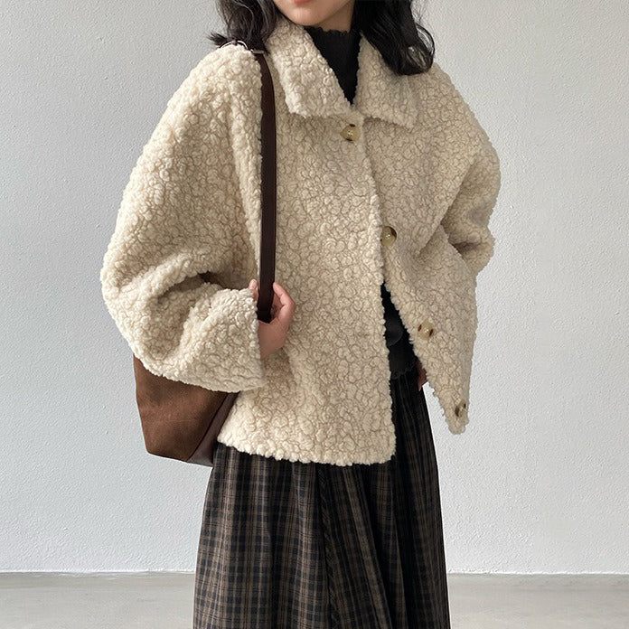 【アウター】ミルキーベージュ ボアジャケット レディース 冬 短丈 ゆったり 綿入れコート【JZシリーズ】