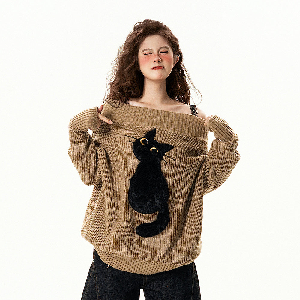 【トップス】遊び心 猫モチーフ ワンショルダーニット 猫柄 ゆったり リラックス感 ニットトップス【FCシリーズ】