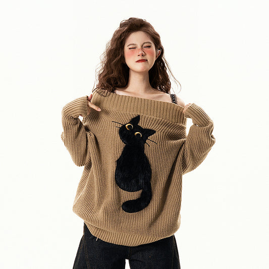 【トップス】遊び心 猫モチーフ ワンショルダーニット 猫柄 ゆったり リラックス感 ニットトップス【FCシリーズ】