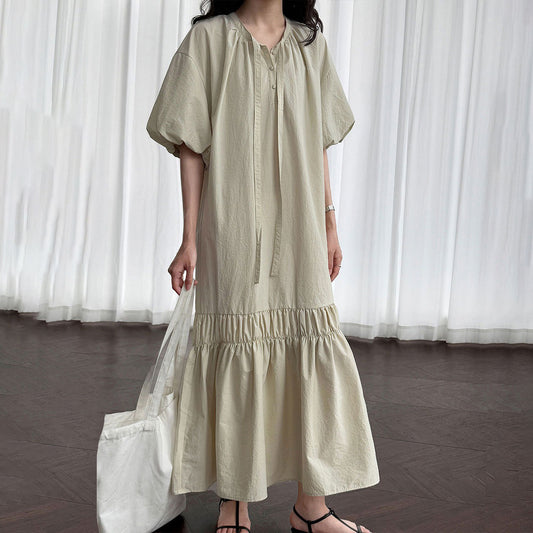 【ワンピース】韓系リボン付きパフスリーブ 細見え 切り替え 半袖ワンピース 【JZシリーズ】