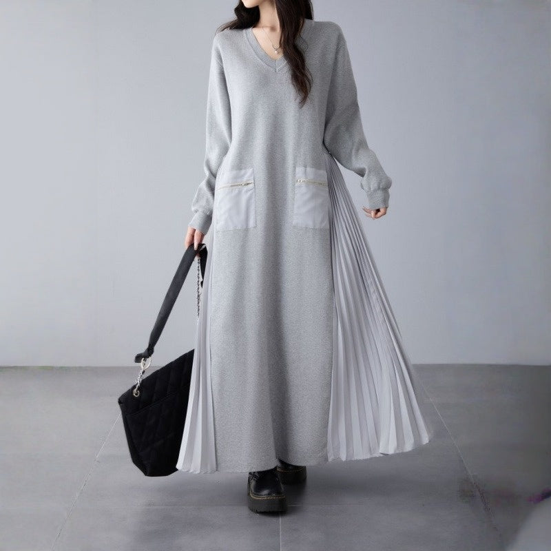 👀注目の新作👀【ワンピース】春 秋 冬 Vネック ニット プリーツ 長袖 ファスナー ワンピース 【JZシリーズ】