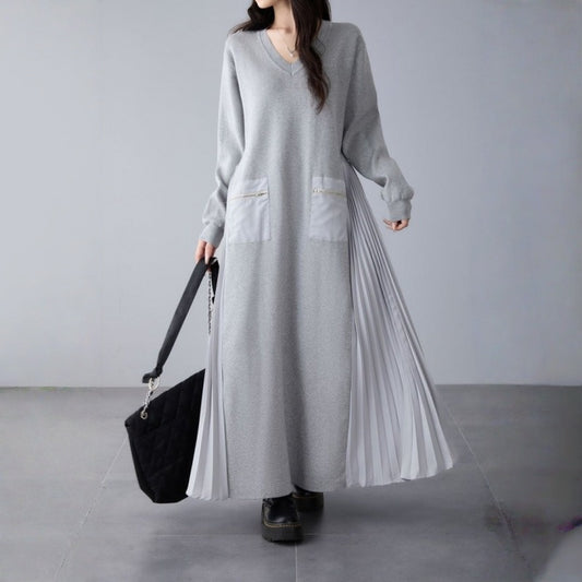 👀注目の新作👀【ワンピース】春 秋 冬 Vネック ニット プリーツ 長袖 ファスナー ワンピース 【JZシリーズ】