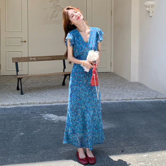 【ワンピース】フレンチ ブルー 花柄 フリルスリーブ Vネック ワンピース レディース 夏新作 きれいめ 体型カバー ノースリーブ ロングワンピース【SHシリーズ】