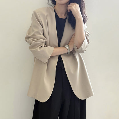 【アウター】気質 ノーカラー ジャケット レディース パッド入りショルダー 秋新作 高級感 ゆったり スーツジャケット【JZシリーズ】