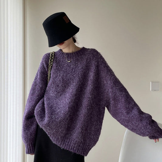 【トップス】シンプル ラフ サークルフリース ふわふわ ゆったり 丸首 プルオーバー ニット パープル レディース【JZシリーズ】