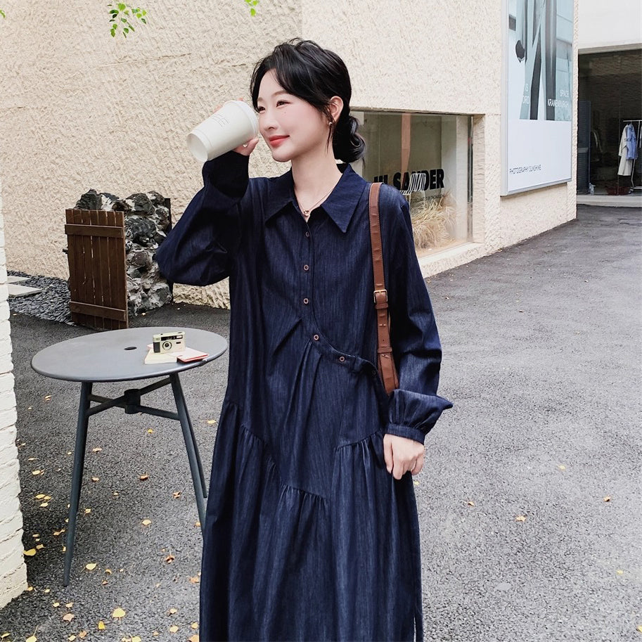 【ワンピース】レトロカジュアル ゆったりデニム 長袖ワンピース レディース フレンチエレガント 学院風 シャツワンピース【JZシリーズ】