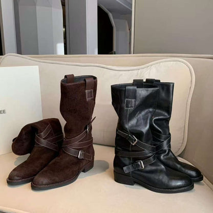 【シューズ】美脚見え ポインテッドトゥ ベルト ミドルライダーブーツ