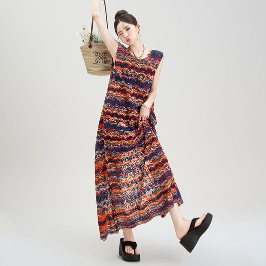 【ワンピース】夏新作 ストライプ柄 重ね着風 メッシュ切り替え バックスリット ゆったりノースリーブワンピース【SHシリーズ】