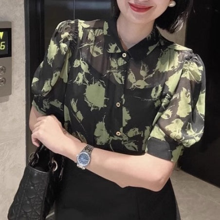 【トップス】夏 花柄 レトロ パフスリーブ タンクトップ シャツ【SHシリーズ】