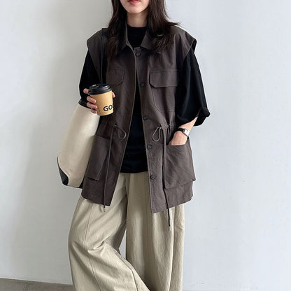 【トップス】ドローコードでウエスト調整 ポケット付き ミリタリー風 ノースリーブトップス 【JZシリーズ】