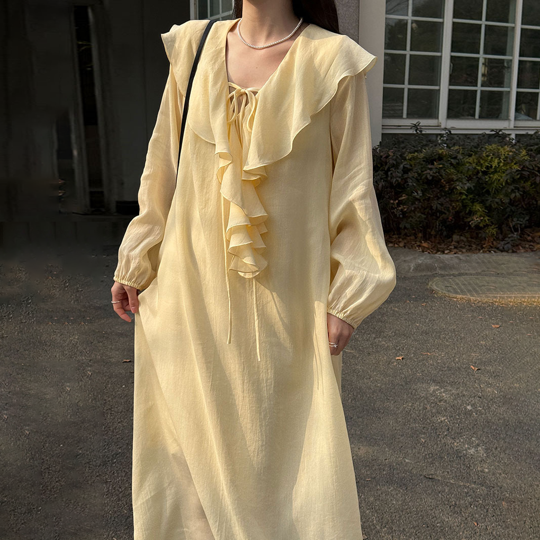 【ワンピース】フレンチシンプル 春新作 レーヨン フリルVネック バルーンスリーブ ラフ感 長袖 ロングワンピース【JZシリーズ】