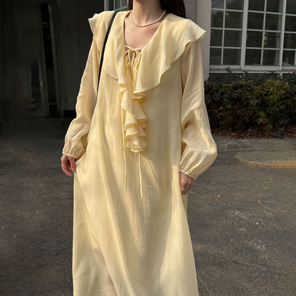 【ワンピース】フレンチシンプル 春新作 レーヨン フリルVネック バルーンスリーブ ラフ感 長袖 ロングワンピース【JZシリーズ】