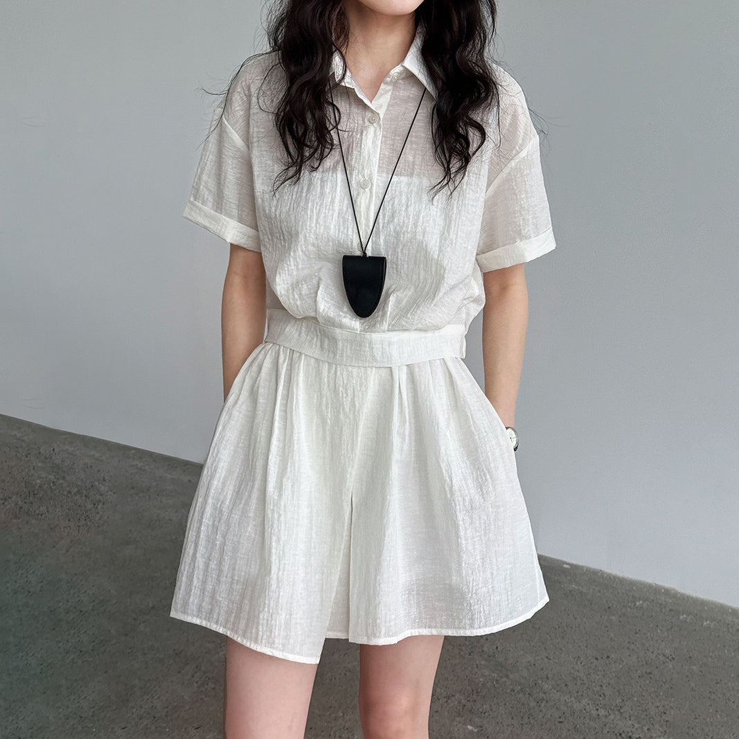 2点セット！【セットアップ】日系シンプル 半袖シャツ＋ワイドショートスカート 夏 通勤＆カジュアル上下セット【JZシリーズ】