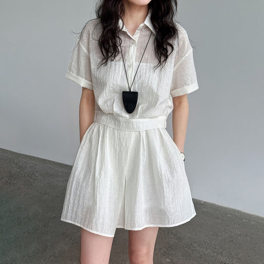 2点セット！【セットアップ】日系シンプル 半袖シャツ＋ワイドショートスカート 夏 通勤＆カジュアル上下セット【JZシリーズ】