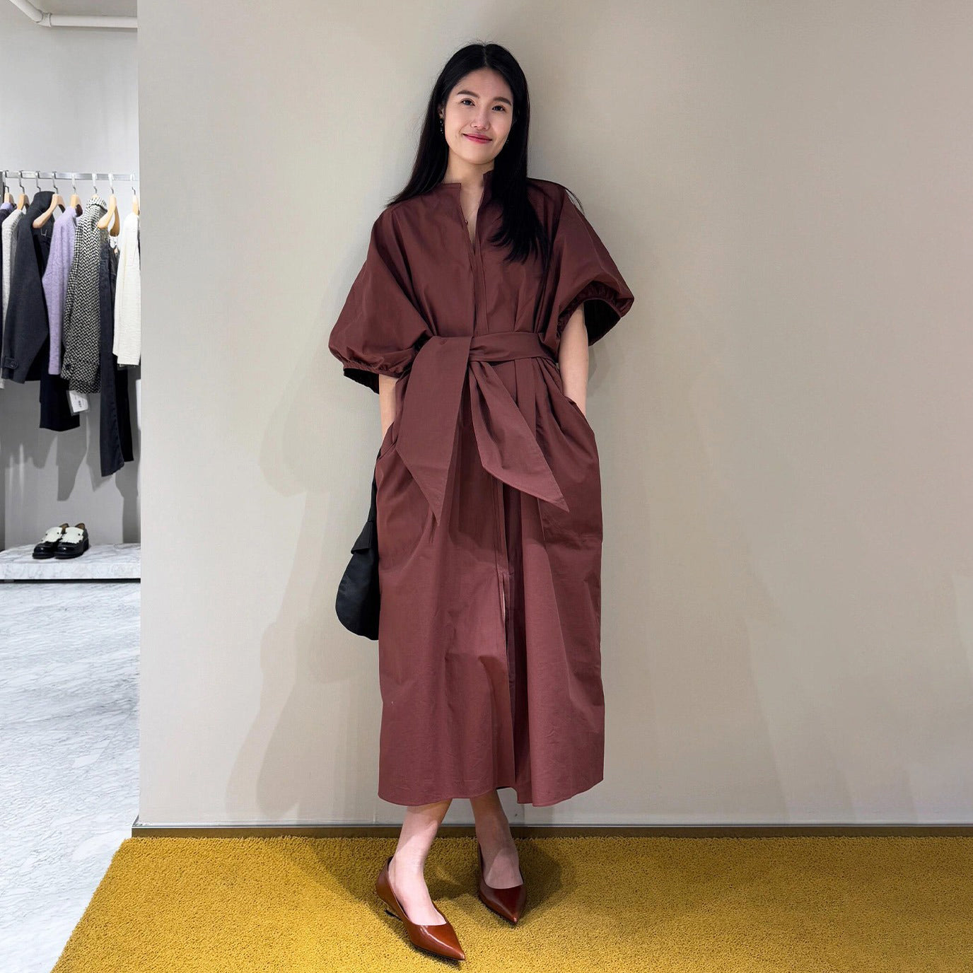 【ワンピース】フレンチレトロ  リボンウエストマーク パフスリーブ シャツワンピース エレガント Vネック 半袖ワンピース【JZシリーズ】