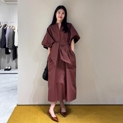 【ワンピース】フレンチレトロ  リボンウエストマーク パフスリーブ シャツワンピース エレガント Vネック 半袖ワンピース【JZシリーズ】