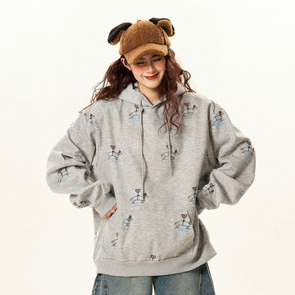 【トップス】ヴィンテージ調 小犬モチーフ フードパーカー 春秋 男女兼用 ゆったり カジュアル【FCシリーズ】