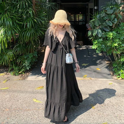 M~4XL【ワンピース】リゾートワンピース レディース 夏 ブルー ノースリーブ 配色Aライン ロングワンピース リラックスシルエット【JZシリーズ】