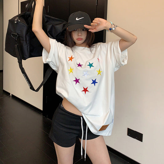 【トップス】ヴィンテージ加工 立体刺繍ヘビーTシャツ 夏新作 レディース 半袖 ストリート系【FCシリーズ】