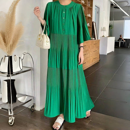 【ワンピース】夏 プリーツ 切り替え 大振裾 半袖 ワンピース