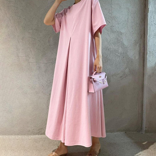 【ワンピース】🌸春夏 新作 韓国風 ラウンドネック 半袖 ワンピース ゆったり ロング丈 スリット入り レディース【JZシリーズ】