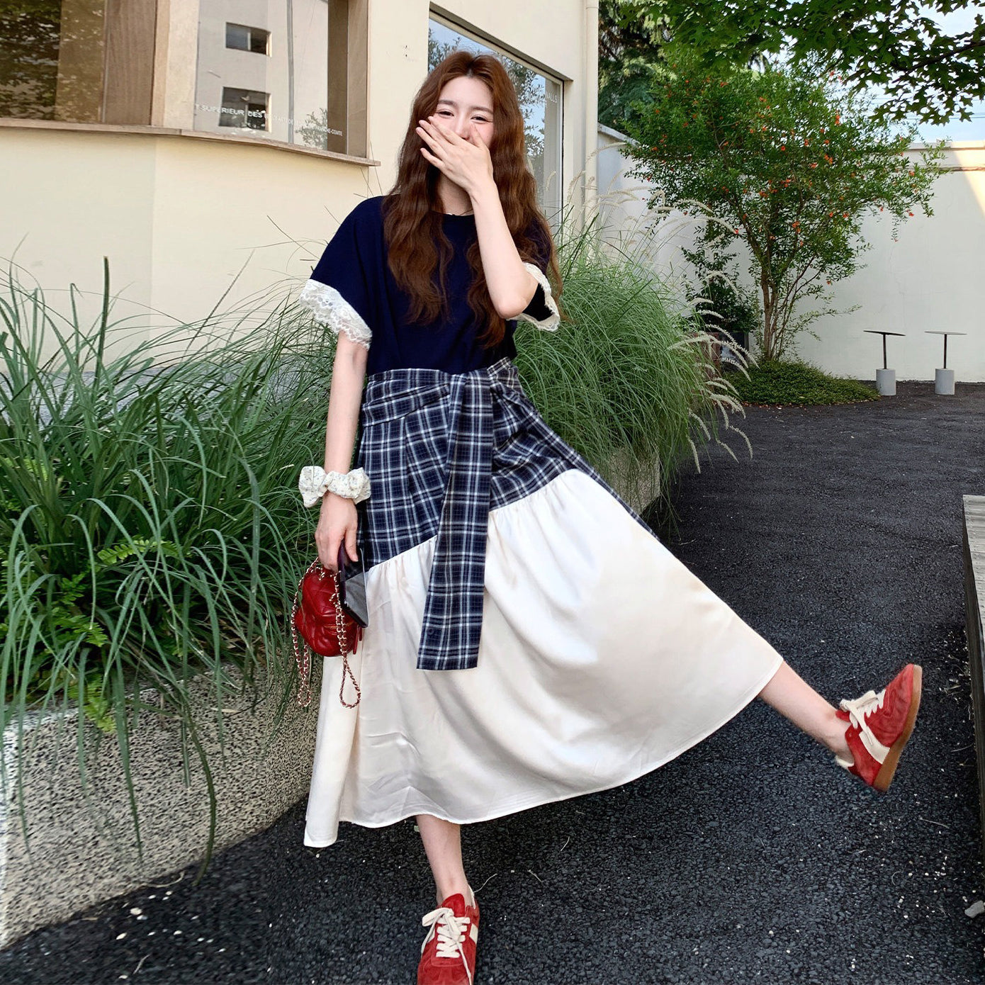 【ワンピース】レトロチェック ノースリーブ ワンピース レディース 夏 フレンチデザイン ウエストシェイプ 美シルエット【JZシリーズ】