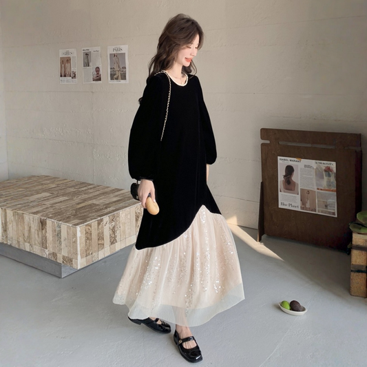 【ワンピース】春 秋 冬  ブラックベルベット スパンコール切り替え アシンメトリーマーメイド ワンピース 【JZシリーズ】