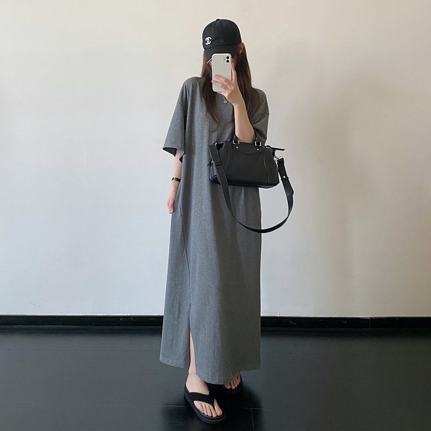 【ワンピース】スリットデザイン Tシャツワンピース ゆったりシルエット ルーズ リラックス 半袖 ロングドレス【FCシリーズ】