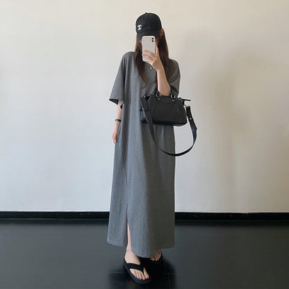 【ワンピース】スリットデザイン Tシャツワンピース ゆったりシルエット ルーズ リラックス 半袖 ロングドレス【FCシリーズ】