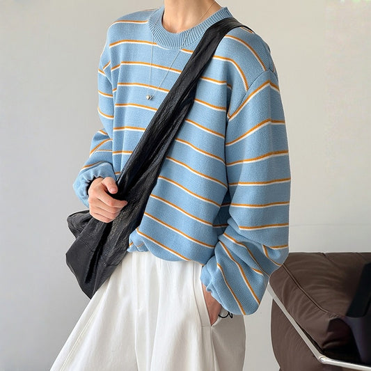 【トップス】春 秋 冬 クルーネック  配色ストライプ ニット セーター  【JZシリーズ】