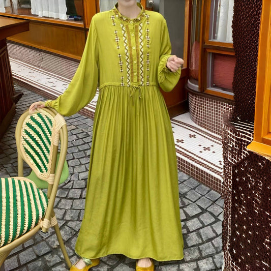 【ワンピース】9色展開 ヴィンテージ民族風 高級刺繍入り リゾート向け長袖ワンピース